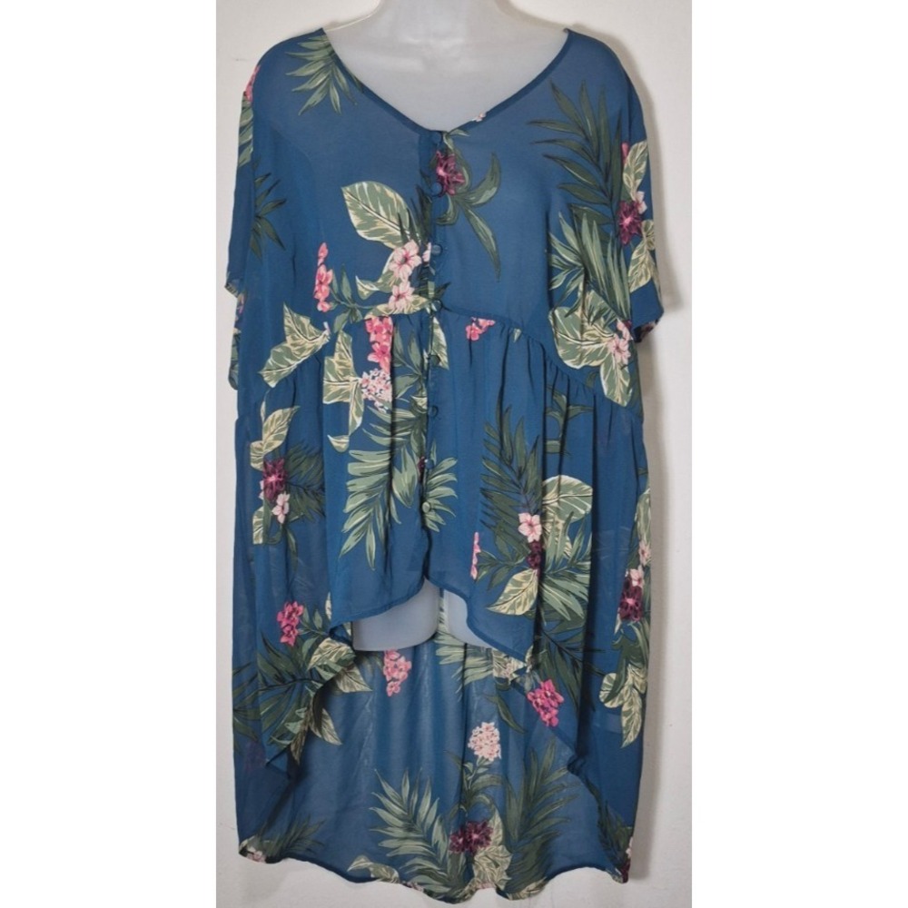 Torrid blue tropical floral chiffon babydoll tunic top sheer high-low Plus Sz 3